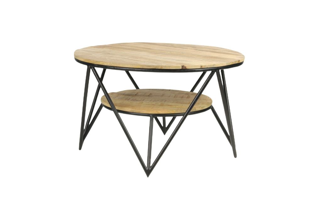 Coffee tables - Industrial coffee table in mango wood and iron, 90x90 cm with shelf - JP2B DECORATION