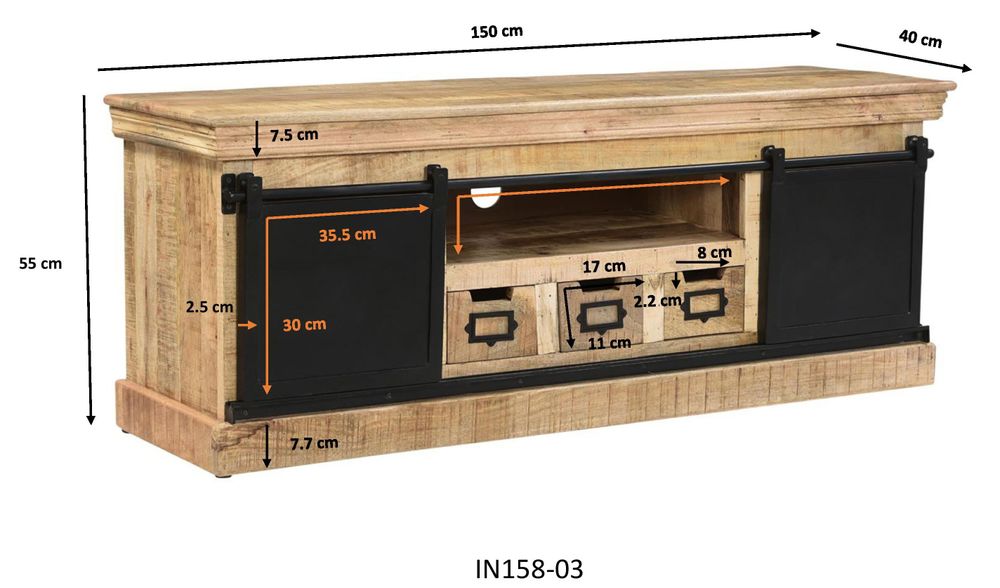 Shelves - Industrial TV stand in wood and iron, 150 cm, sliding door, 3 drawers, 3 shelves - JP2B DECORATION