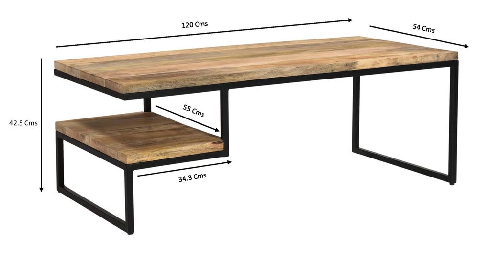 Tables basses - Table basse industrielle en bois de manguier et fer, 120x55 cm, 1 étagère - JP2B DECORATION