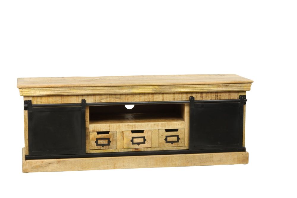 Shelves - Industrial TV stand in wood and iron, 150 cm, sliding door, 3 drawers, 3 shelves - JP2B DECORATION