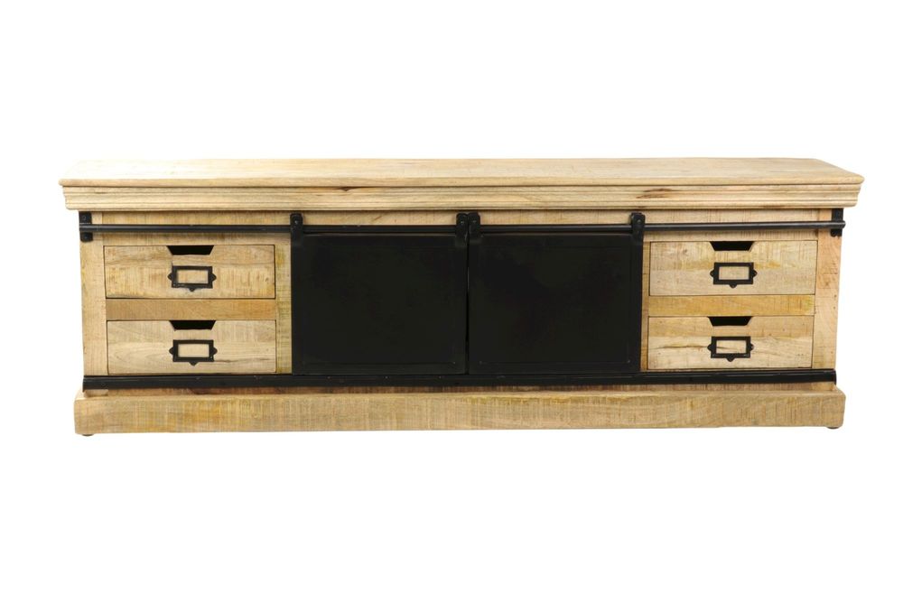 Etagères - Meuble TV industriel en bois et fer, 170 cm, porte coulissante, 4 tiroirs - JP2B DECORATION