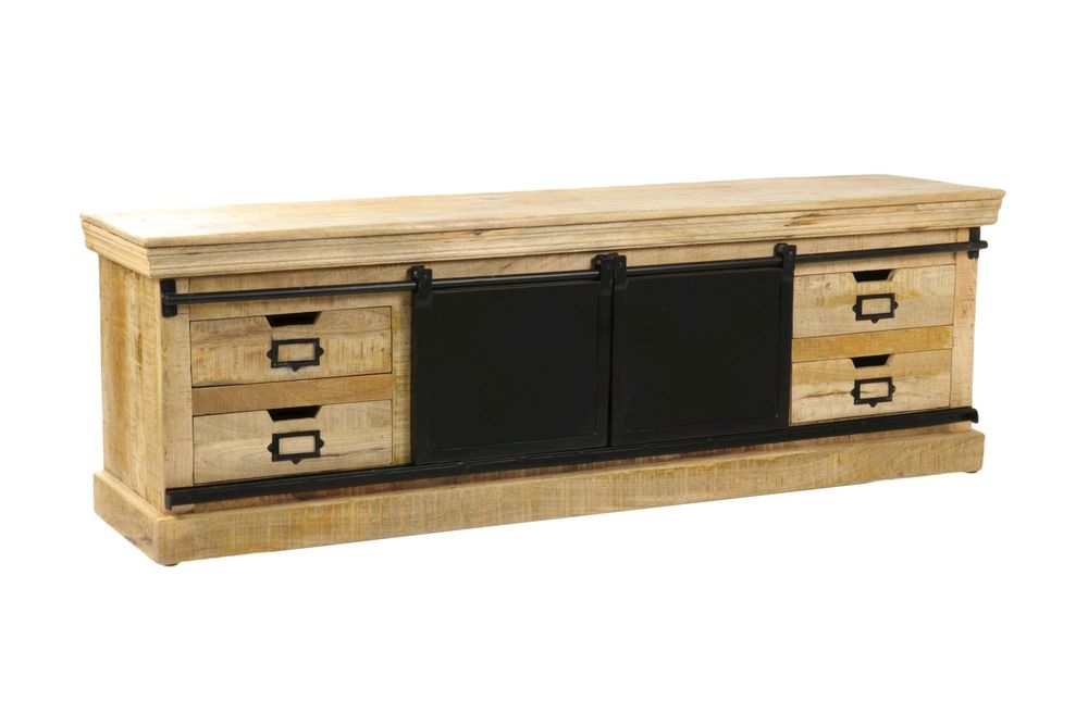 Etagères - Meuble TV industriel en bois et fer, 170 cm, porte coulissante, 4 tiroirs - JP2B DECORATION