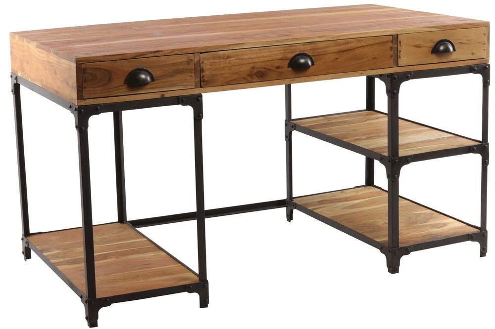 Desks - Industrial desk in recycled acacia wood and iron, 3 drawers, 3 shelves - JP2B DECORATION