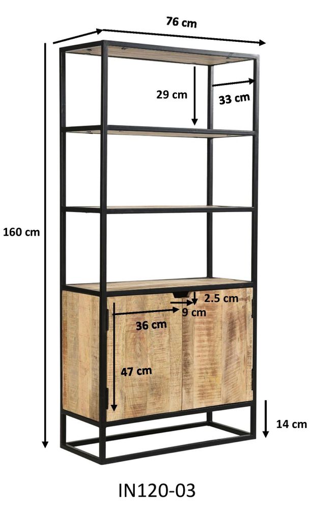 Shelves - Industrial bookshelf in mango wood and iron, 4 shelves, 160 cm - JP2B DECORATION