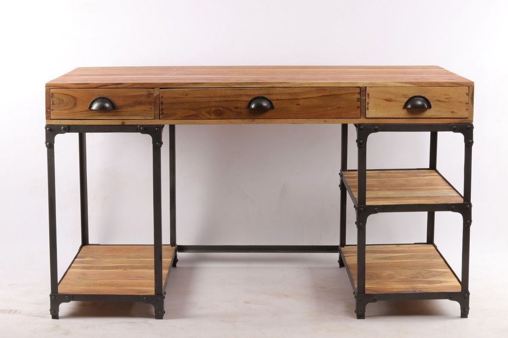 Desks - Industrial desk in recycled acacia wood and iron, 3 drawers, 3 shelves - JP2B DECORATION