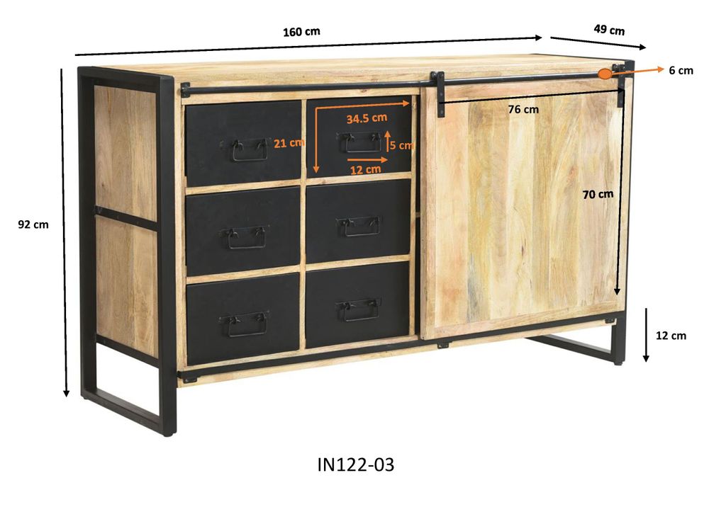 Buffets - Bas de buffet bois et fer, porte coulissante, 6 tiroirs - JP2B DECORATION