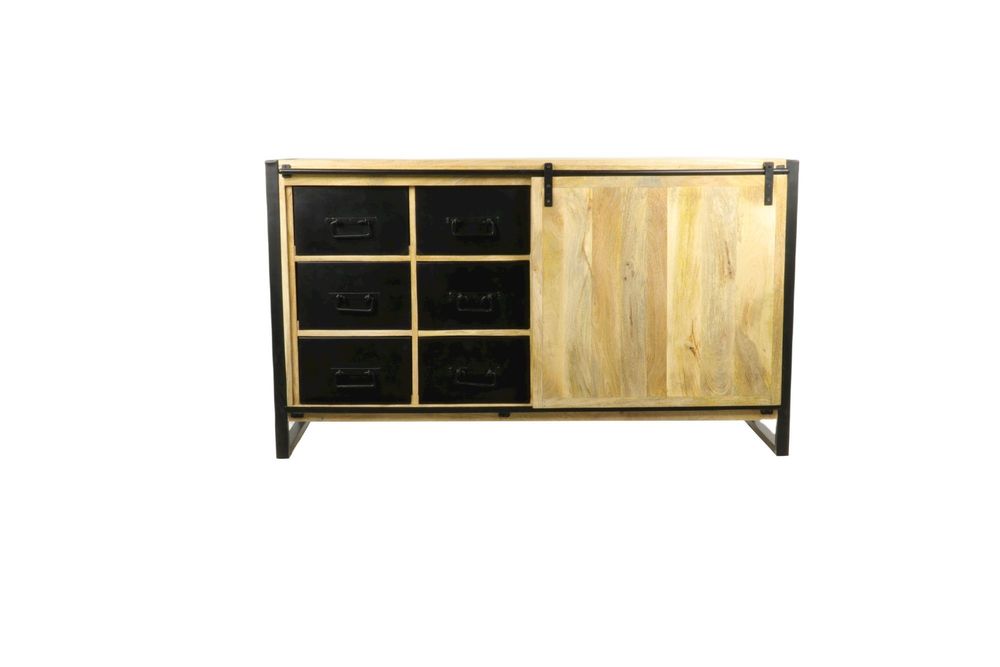 Buffets - Bas de buffet bois et fer, porte coulissante, 6 tiroirs - JP2B DECORATION