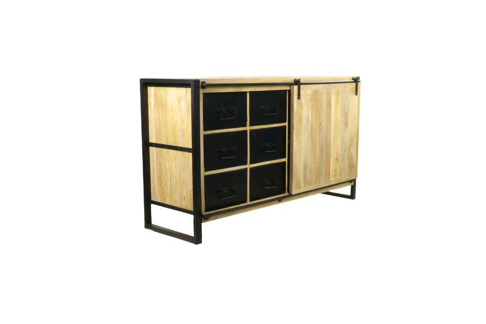 Buffets - Bas de buffet bois et fer, porte coulissante, 6 tiroirs - JP2B DECORATION
