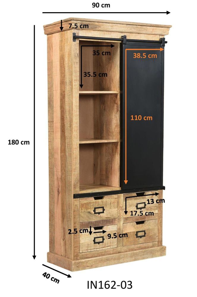 Shelves - Industrial wardrobe in wood and iron, sliding door, 4 drawers, 4 shelves - JP2B DECORATION