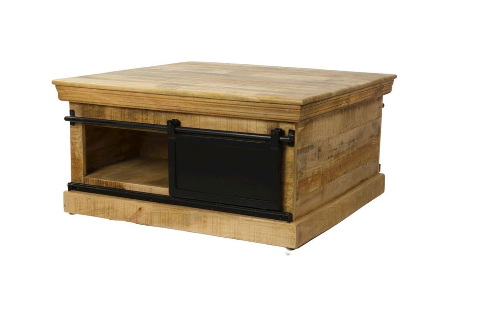 Coffee tables - Industrial coffee table in wood and iron, 90x90 cm, sliding door, 4 drawers - JP2B DECORATION