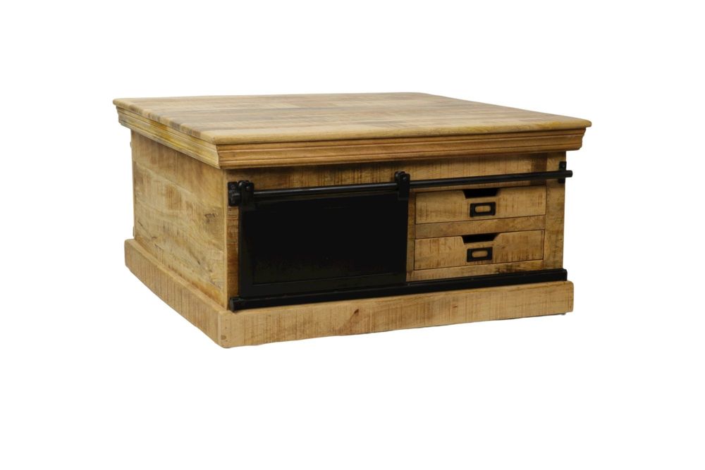 Coffee tables - Industrial coffee table in wood and iron, 90x90 cm, sliding door, 4 drawers - JP2B DECORATION