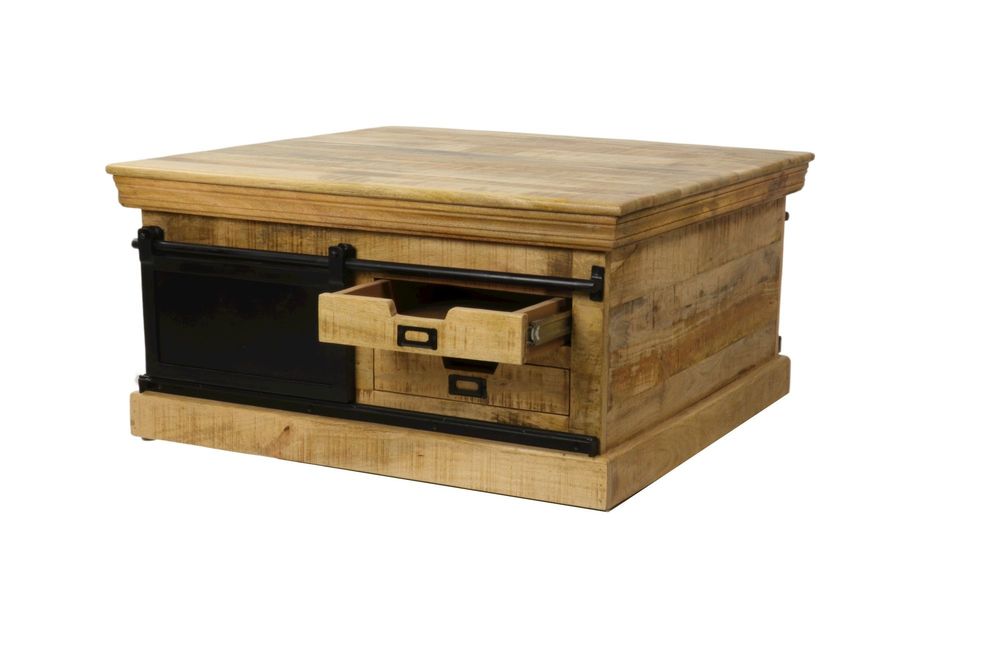 Coffee tables - Industrial coffee table in wood and iron, 90x90 cm, sliding door, 4 drawers - JP2B DECORATION