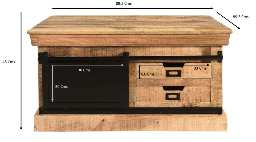Coffee tables - Industrial coffee table in wood and iron, 90x90 cm, sliding door, 4 drawers - JP2B DECORATION