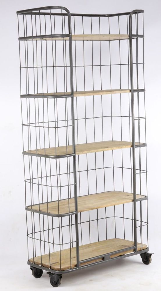 Buffets - Étagère industrielle en bois de manguier et métal, 5 étagères, sur roulettes - JP2B DECORATION