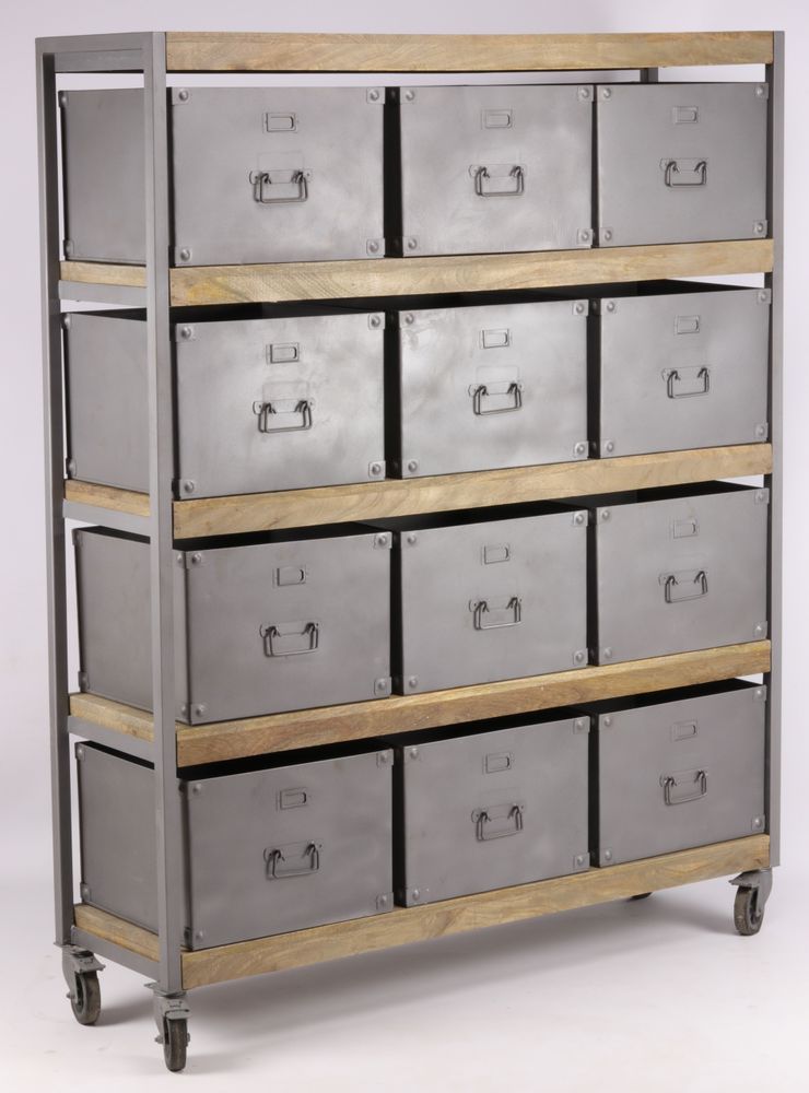 Shelves - Industrial storage unit in mango wood and metal, 12 drawers - JP2B DECORATION
