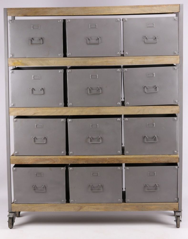Shelves - Industrial storage unit in mango wood and metal, 12 drawers - JP2B DECORATION