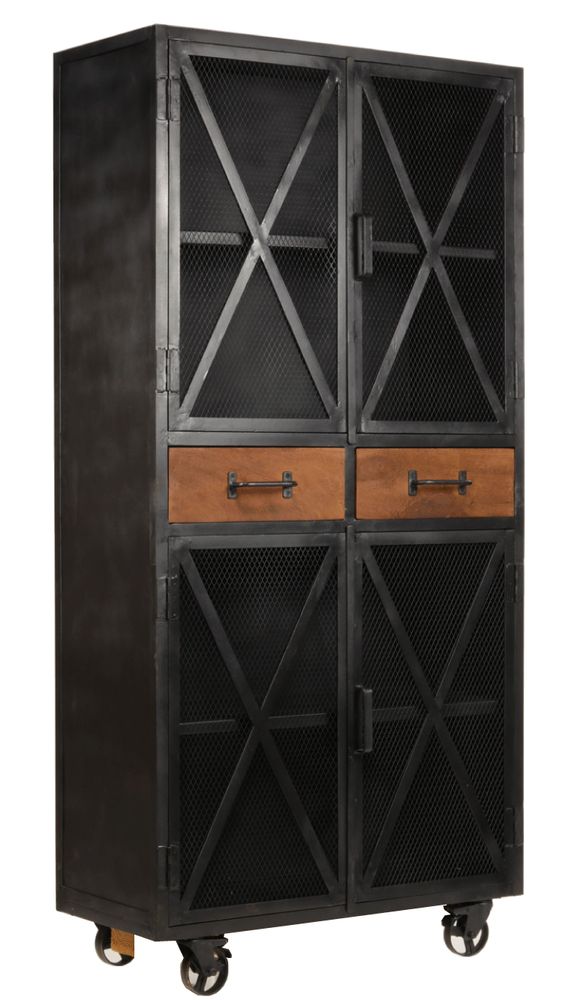 Armoires - Armoire industrielle en bois de manguier et métal, 2 tiroirs, 2 étagères - JP2B DECORATION