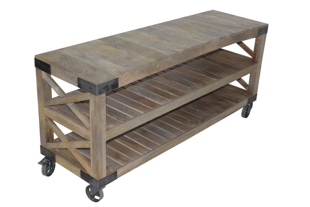 Console table - Large industrial console in mango wood with wheels, 2 shelves - JP2B DECORATION