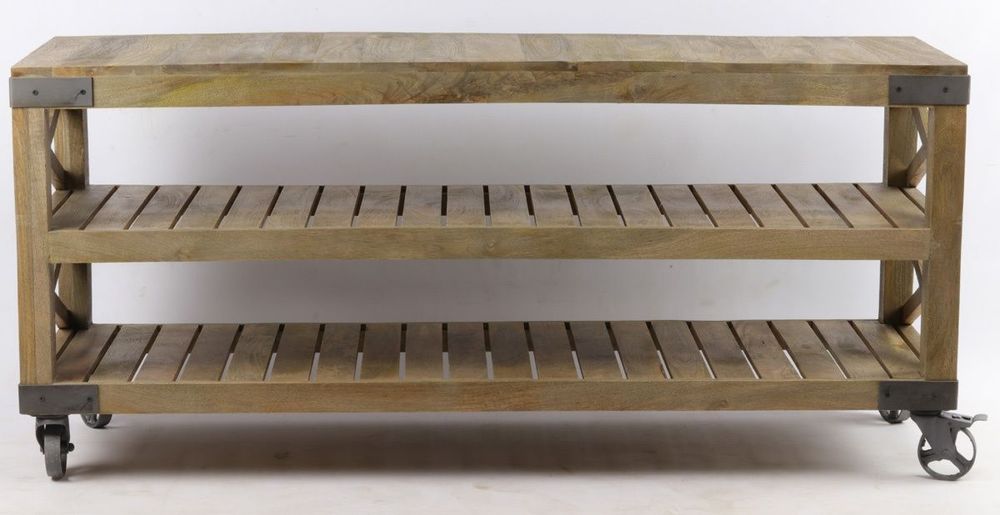 Console table - Large industrial console in mango wood with wheels, 2 shelves - JP2B DECORATION