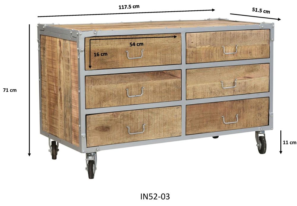 Chests of drawers - Industrial chest of drawers in mango wood and metal, 6 drawers - JP2B DECORATION
