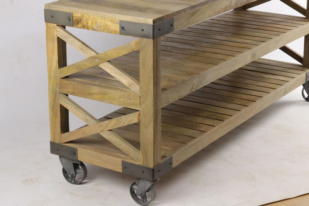 Console table - Large industrial console in mango wood with wheels, 2 shelves - JP2B DECORATION