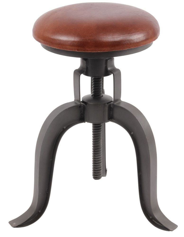 Stools for hospitalities & contracts - Industrial stool in goat leather and iron, adjustable height, vintage cigar color - JP2B DECORATION