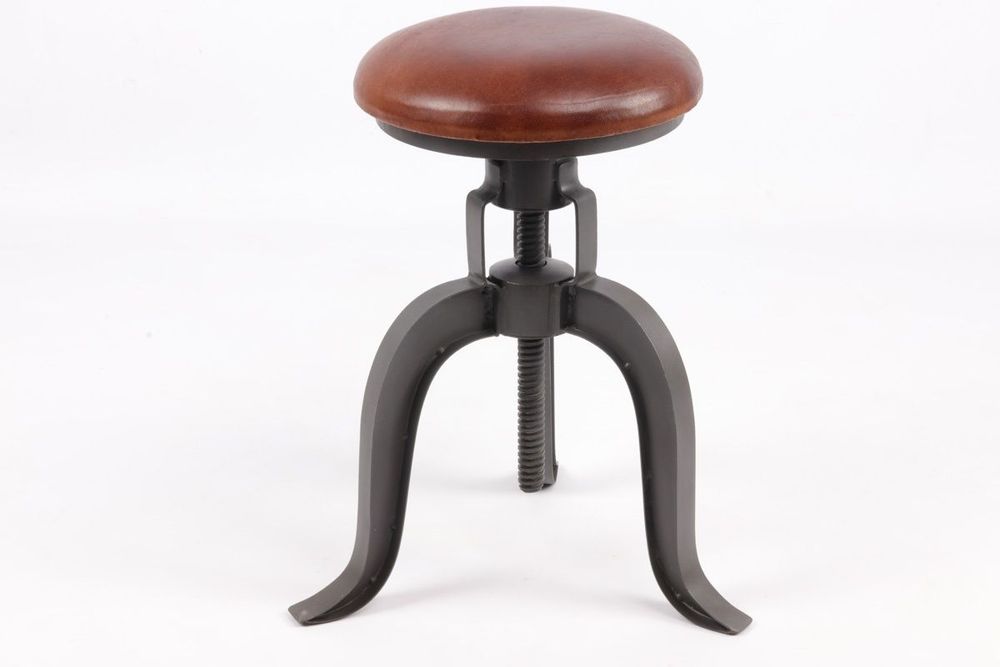 Stools for hospitalities & contracts - Industrial stool in goat leather and iron, adjustable height, vintage cigar color - JP2B DECORATION