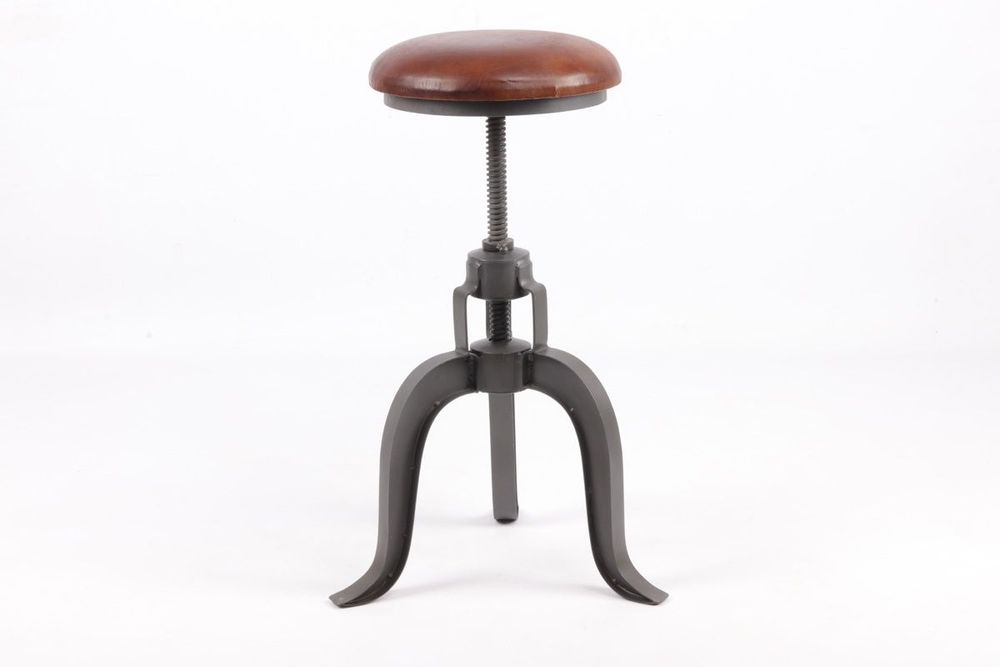 Stools for hospitalities & contracts - Industrial stool in goat leather and iron, adjustable height, vintage cigar color - JP2B DECORATION