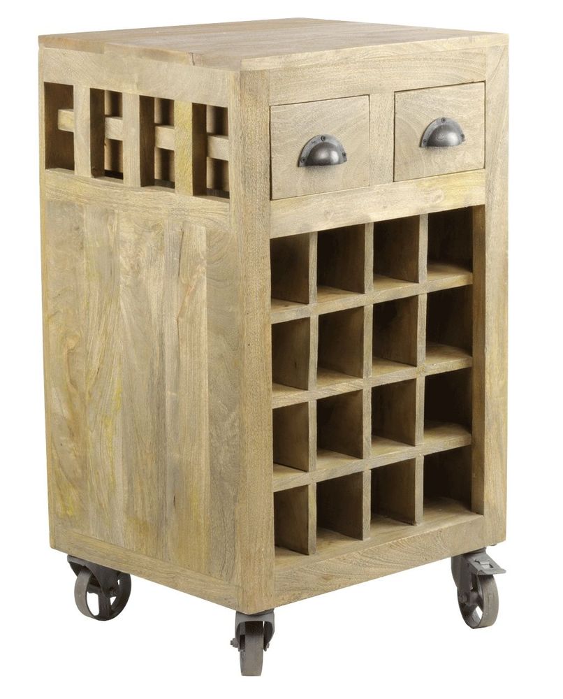 Etagères - Meuble casier à bouteilles en bois de manguier, sur roulettes, 2 tiroirs - JP2B DECORATION