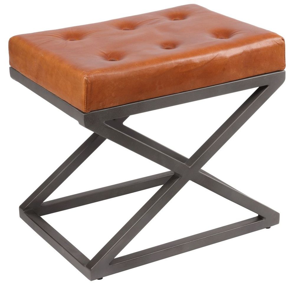 Repose-pieds - Pouf industriel en métal et cuir de chèvre, coloris vintage cigare, 51 cm - JP2B DECORATION