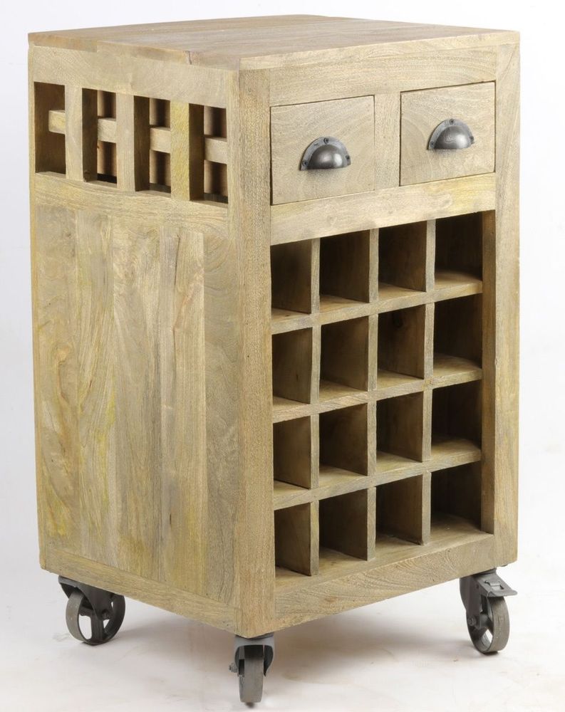 Etagères - Meuble casier à bouteilles en bois de manguier, sur roulettes, 2 tiroirs - JP2B DECORATION