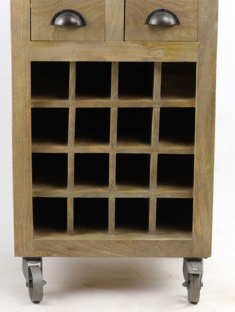 Etagères - Meuble casier à bouteilles en bois de manguier, sur roulettes, 2 tiroirs - JP2B DECORATION