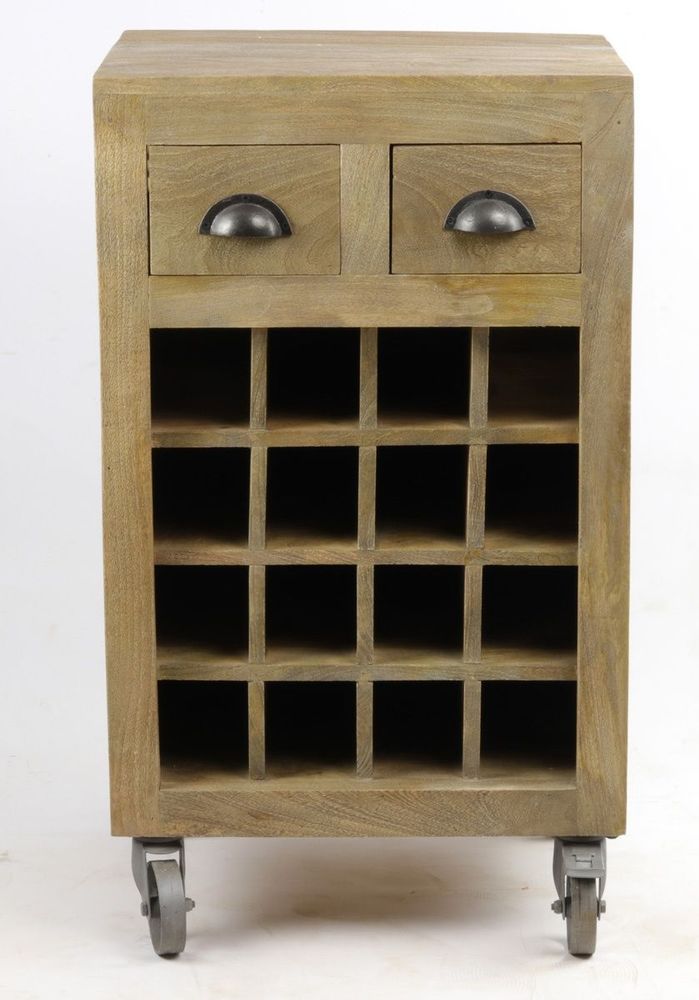 Etagères - Meuble casier à bouteilles en bois de manguier, sur roulettes, 2 tiroirs - JP2B DECORATION