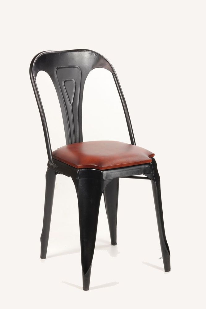 Chaises de jardin - Chaise industrielle en métal noir avec coussin en cuir de chèvre, 84 cm - JP2B DECORATION