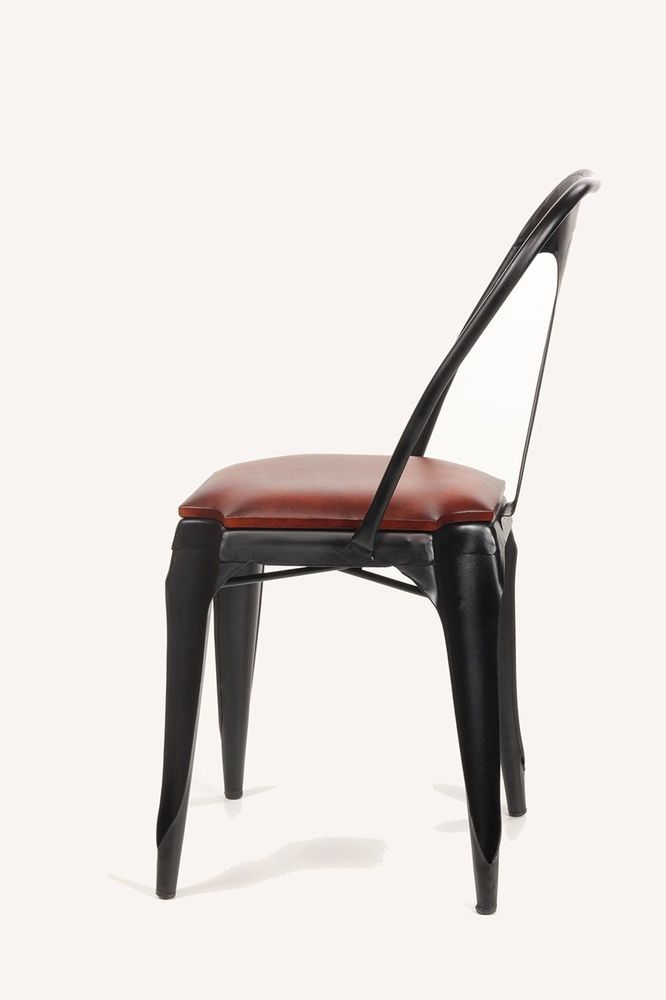 Chaises de jardin - Chaise industrielle en métal noir avec coussin en cuir de chèvre, 84 cm - JP2B DECORATION
