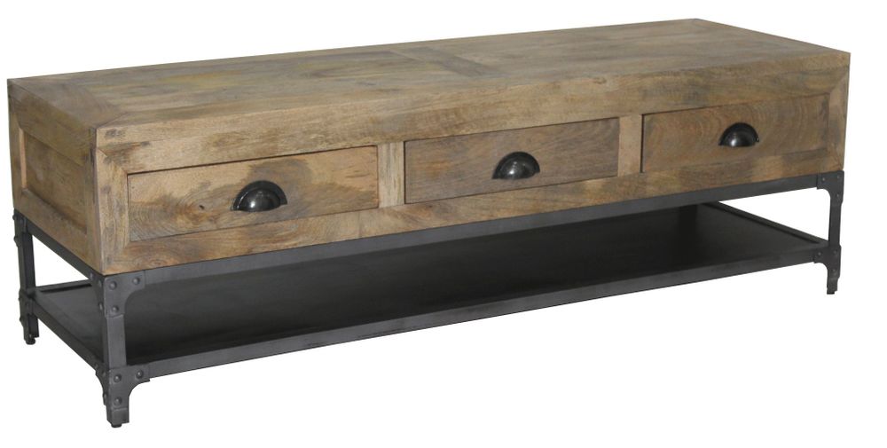 Shelves - Industrial TV stand in mango wood and metal, 3 drawers, 1 shelf - JP2B DECORATION