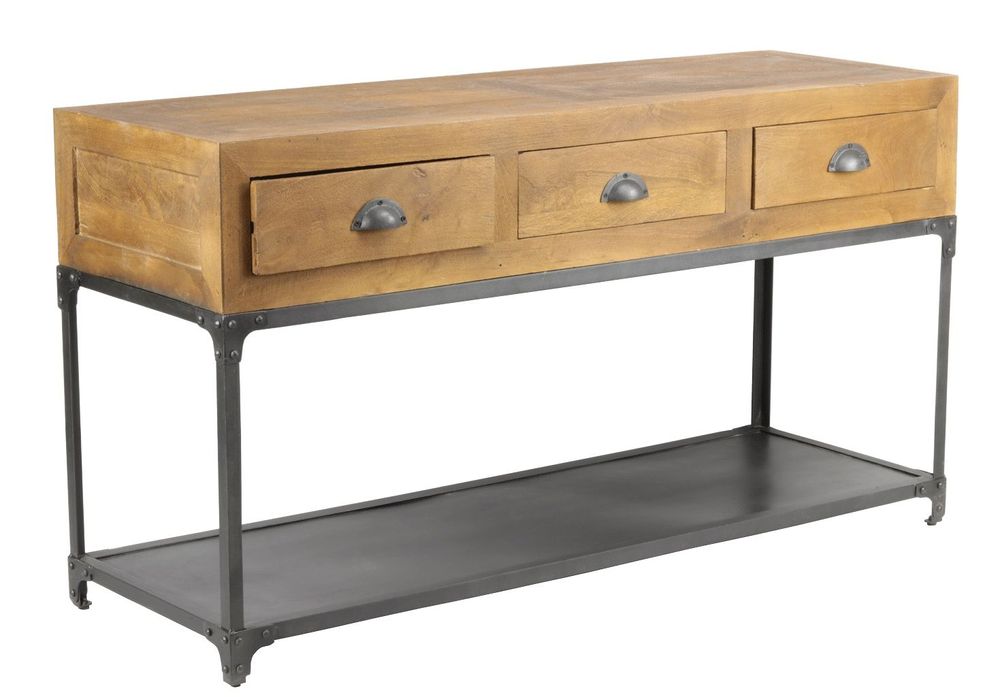 Console table - Large industrial console in mango wood and metal, 3 drawers, 1 shelf - JP2B DECORATION