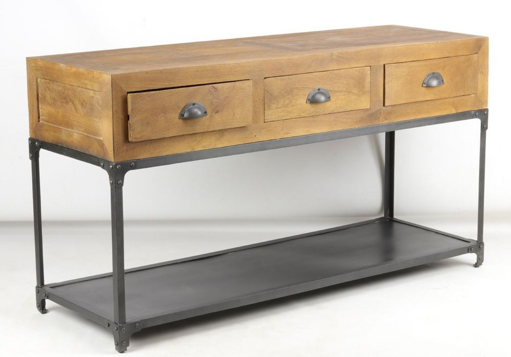 Console table - Large industrial console in mango wood and metal, 3 drawers, 1 shelf - JP2B DECORATION