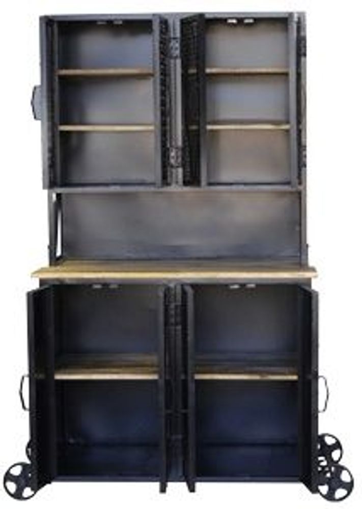 Wardrobe - Industrial wardrobe in mango wood and metal, 6 shelves, with wheels - JP2B DECORATION