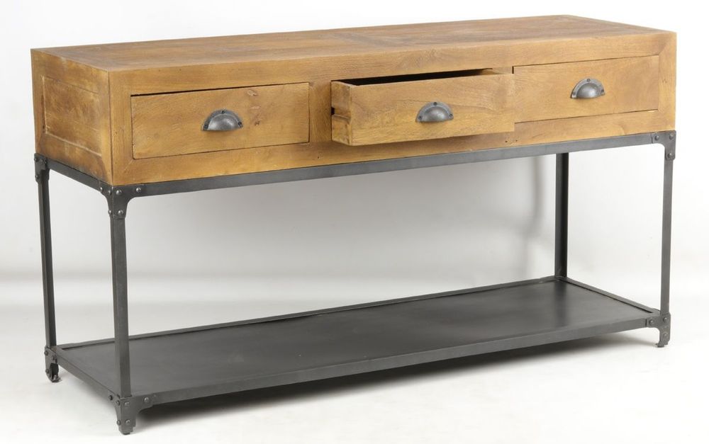 Console table - Large industrial console in mango wood and metal, 3 drawers, 1 shelf - JP2B DECORATION