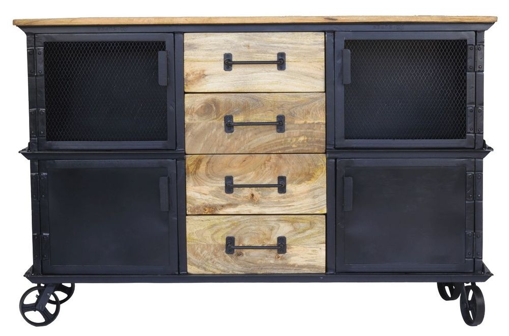 Buffets - Buffet industriel sur roulettes en bois de manguier et métal, 4 tiroirs - JP2B DECORATION