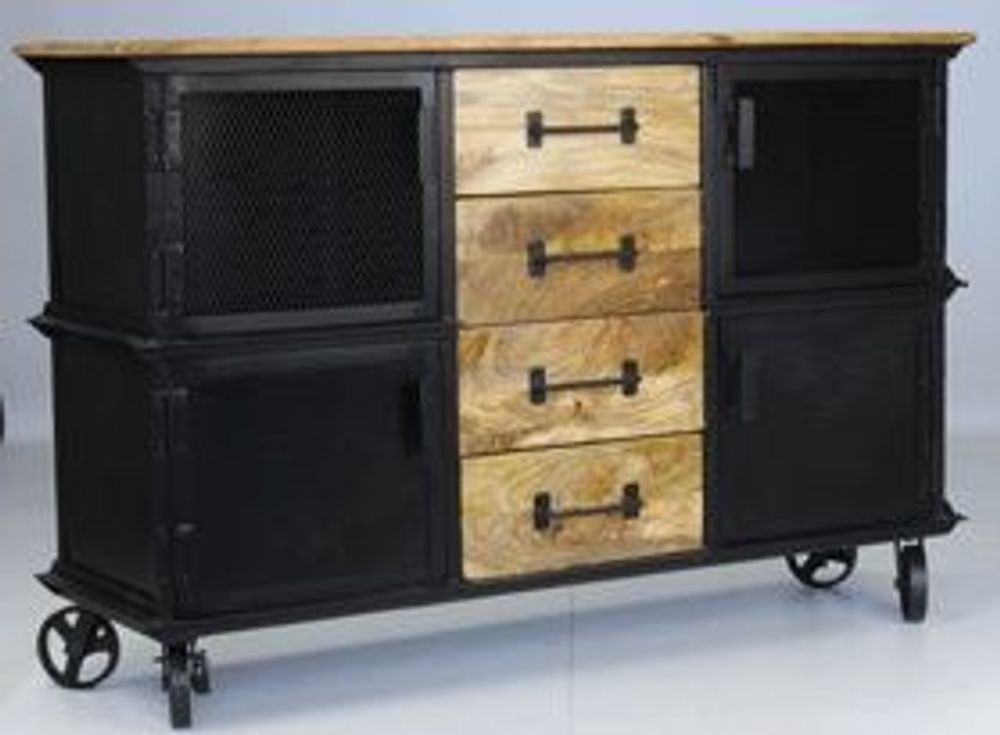Buffets - Buffet industriel sur roulettes en bois de manguier et métal, 4 tiroirs - JP2B DECORATION
