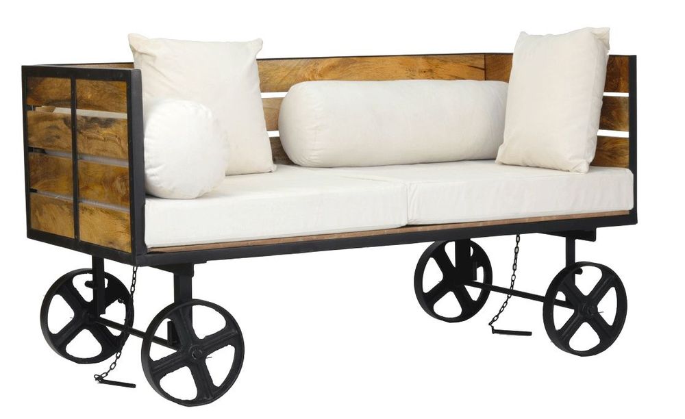 Sofas for hospitalities & contracts - Industrial Railway sofa in mango wood and metal, on wheels - JP2B DECORATION