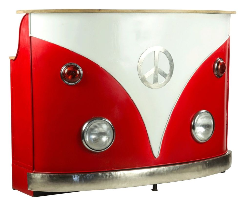 Buffets - Comptoir industriel Peace & Love en métal rouge et blanc, plateau en bois de manguier - JP2B DECORATION