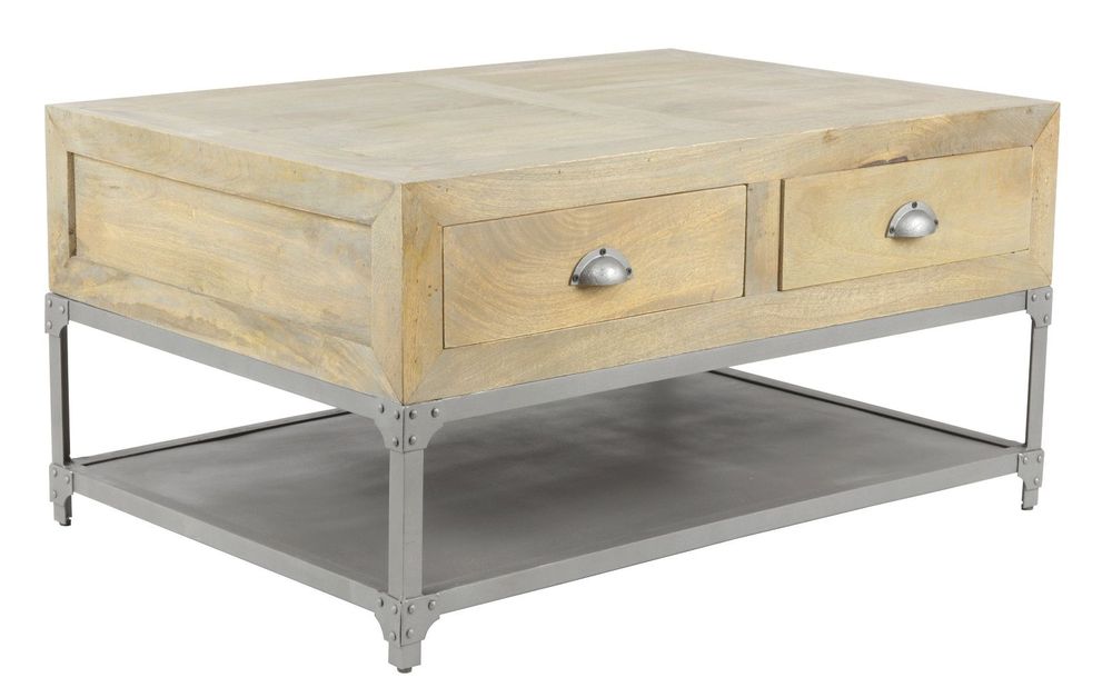 Coffee tables - Small industrial coffee table in mango wood and metal, 4 drawers, 1 shelf - JP2B DECORATION