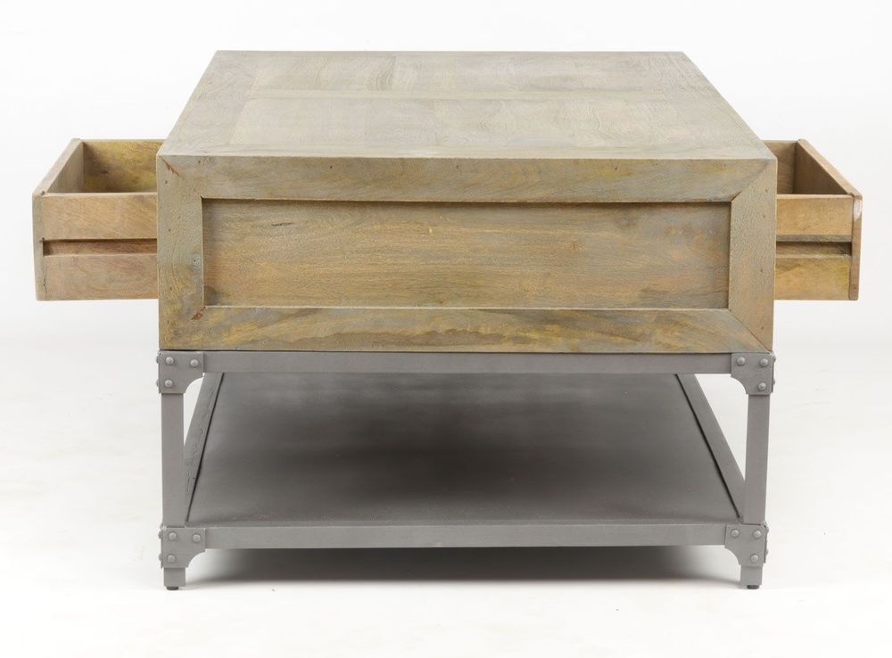 Coffee tables - Small industrial coffee table in mango wood and metal, 4 drawers, 1 shelf - JP2B DECORATION