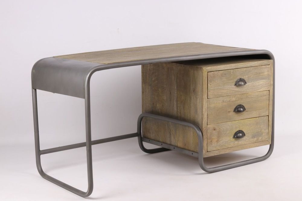 Desks - Children's desk in recycled wood and metal, 3 drawers, 125 cm - JP2B DECORATION