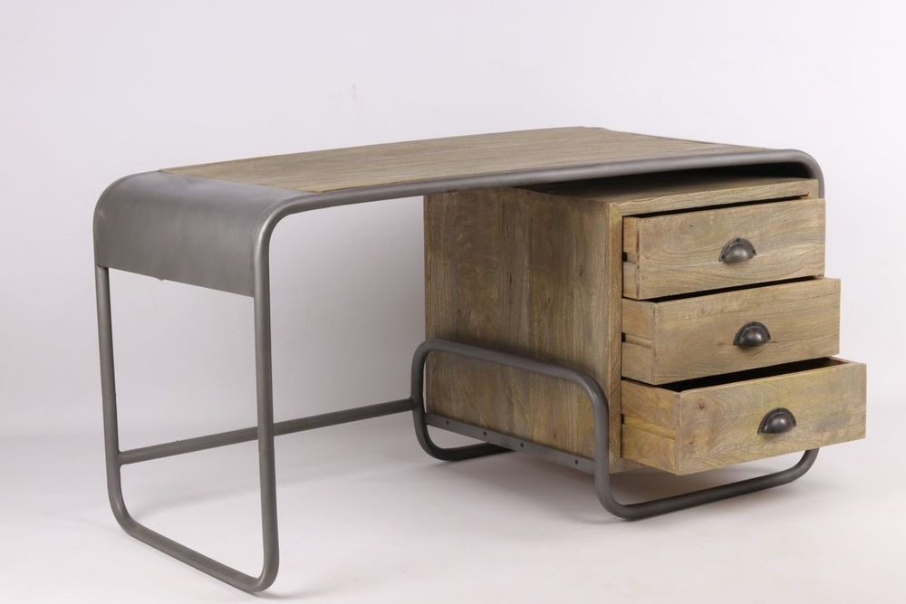 Desks - Children's desk in recycled wood and metal, 3 drawers, 125 cm - JP2B DECORATION