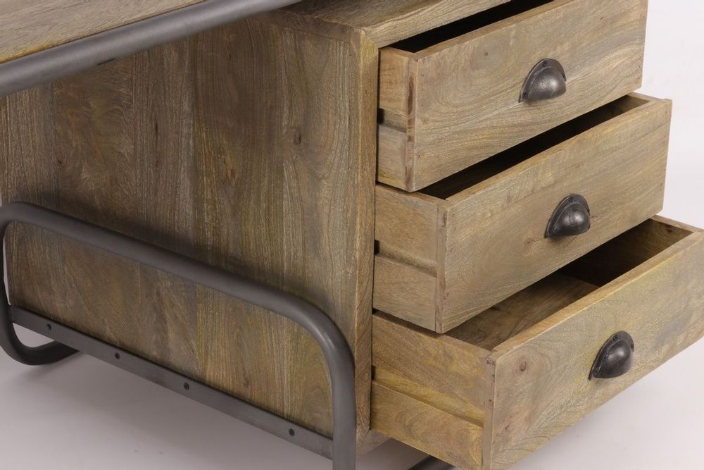 Desks - Children's desk in recycled wood and metal, 3 drawers, 125 cm - JP2B DECORATION