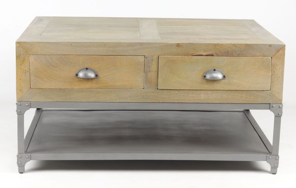 Coffee tables - Small industrial coffee table in mango wood and metal, 4 drawers, 1 shelf - JP2B DECORATION
